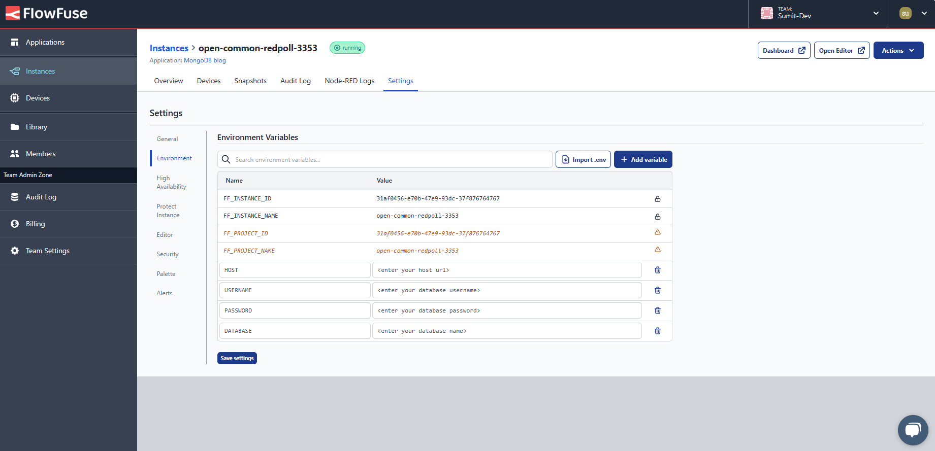 "Screenshot displaying FlowFuse instance settings"